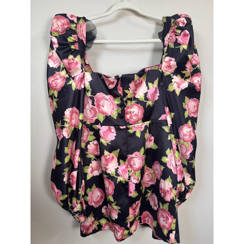 House of CB Black Pink Floral Satin Puff Sleeve Mini Dress Size L Rose Print - Picture 9 of 10